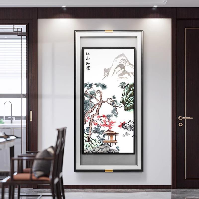 新中式玄关装饰画江山如画高档大气苏绣山水挂画走廊过道刺绣壁画