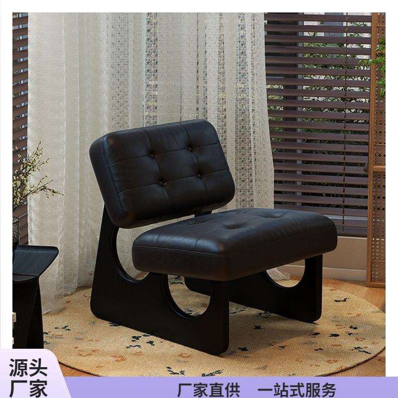 单椅沙发中古风实木单人休闲椅座椅复古油蜡皮沙发椅设计师靠背椅