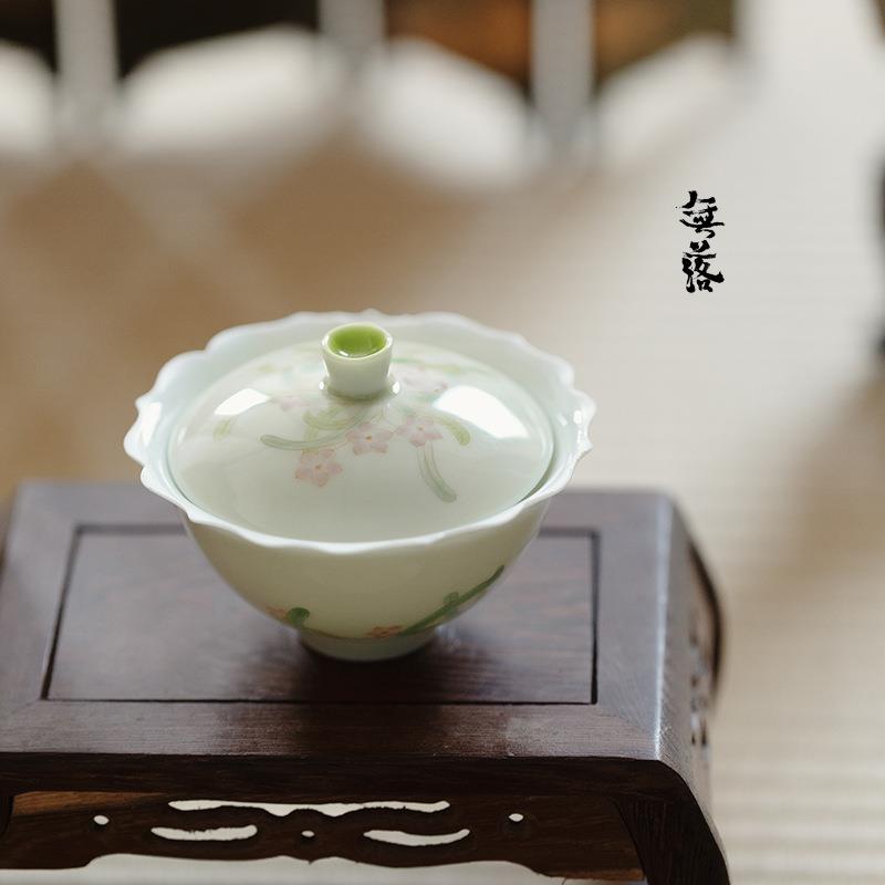 束刻古青棱花盖碗水仙并时釉下彩手工手绘泡茶茶碗陶瓷高档茶具