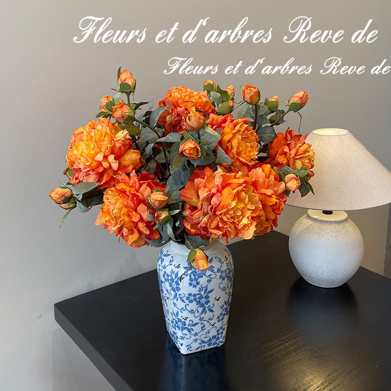 高端中国风大红牡丹油p画仿真花芍药餐桌花艺复古摆设道具装饰摆