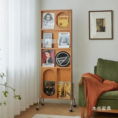 北欧实木可移动杂志架全身穿衣镜子樱桃木隐藏式可旋转落地书架