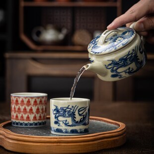 老陶泥瓷青花龙纹茶杯陶瓷单人泡茶品茗杯手工仿古扳指杯功夫茶具