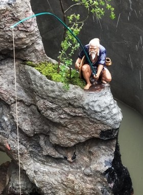 高16cm姜太公钓鱼陶瓷摆件优雅假山盆景鱼缸水族家居书桌装饰品