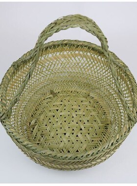 家用绿色手提篮子圆形大容量手工古D风菜篮筐鸡蛋水果洗菜收纳蘑