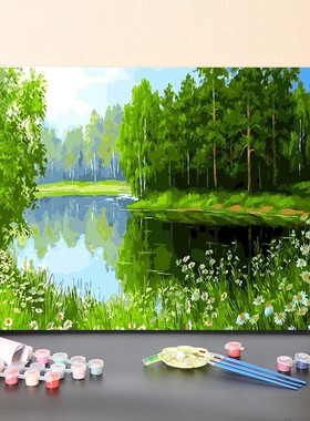 数字油画diy填充绿色树林手工B填色涂色画手绘春天风景画油彩画画