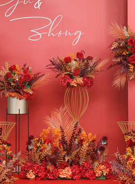 红色婚庆地排花婚礼成品花布置花装饰花拱门花路引花X花排绢花假