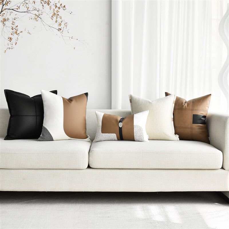 现代简约c轻奢样板间白咖色拼接高级感抱枕沙发客厅床上腰枕靠垫
