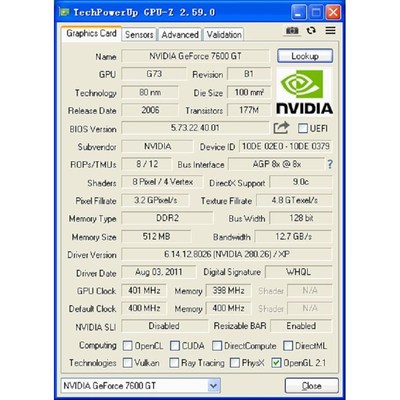 公版 7600GT AGP 51t2MB S端子+VGA+DVI 老平台工业计算机显卡
