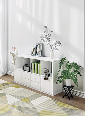 黑色简约抽屉收纳置物儿童书架带D门格子矮柜家用落地组合电视柜