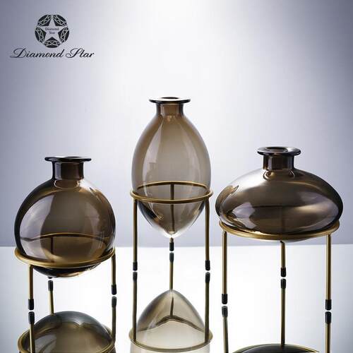 钻石星琥珀色带支架玻璃花瓶客厅餐桌插花器手工饰品摆件花瓶