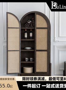 北欧复古衣柜白蜡木民宿双门多功能拱形柜做旧黑色藤编收纳储物柜