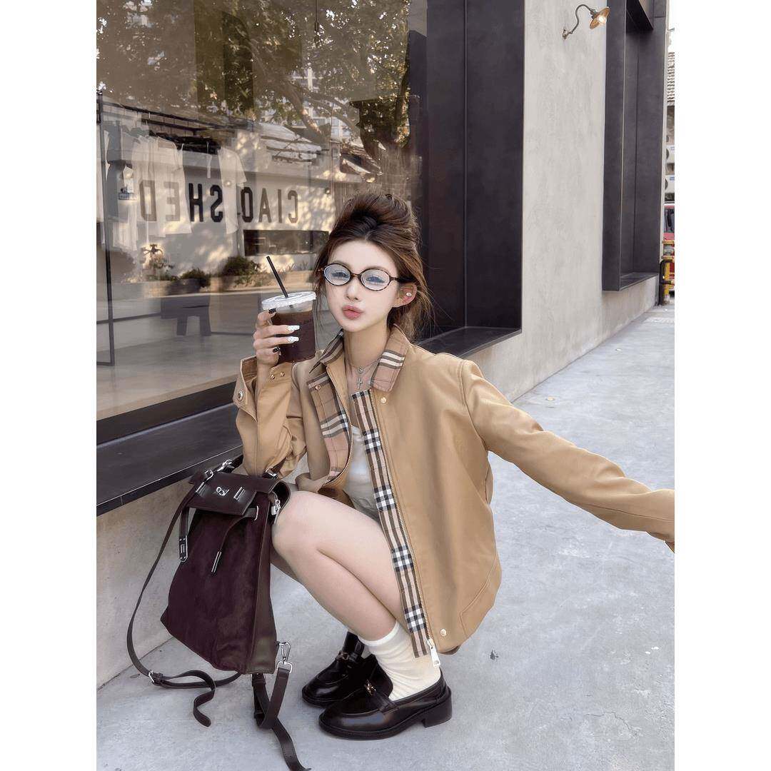 2025春秋新款东京日落卡其色格子风衣夹克外套女短款法式气质上衣