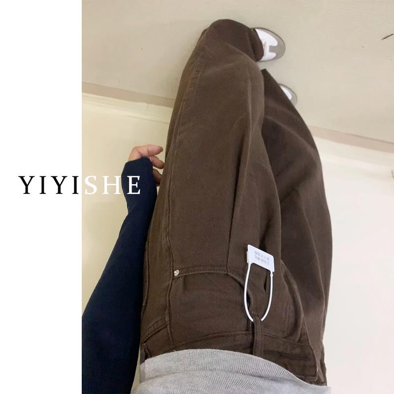 美拉德咖色阔腿牛仔裤女2024秋冬加绒棕色美式高腰宽松直筒拖地裤