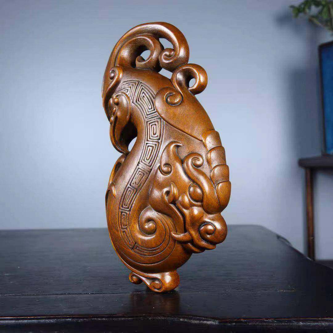 旧藏黄杨木雕刻龙凤呈祥手把件实木随身文玩工艺品龙凤呈祥手把件
