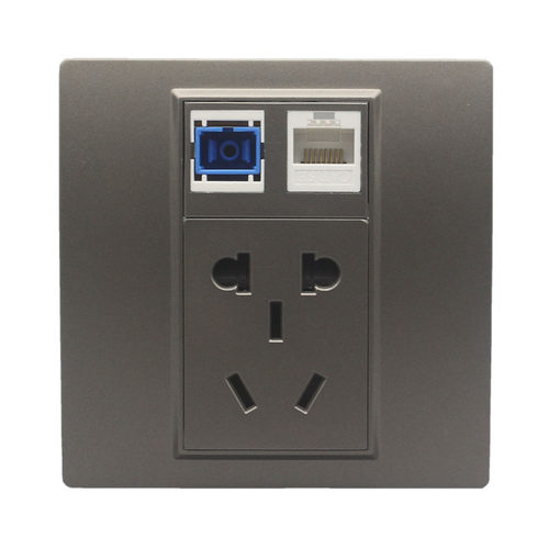 深灰色86型网络光纤电源面板五孔电源带电脑SC光纤宽带信息口插座