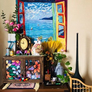 宿舍床头背景装 色彩鲜艳墙布 饰布 马蒂斯艺术特色挂布 海边窗户