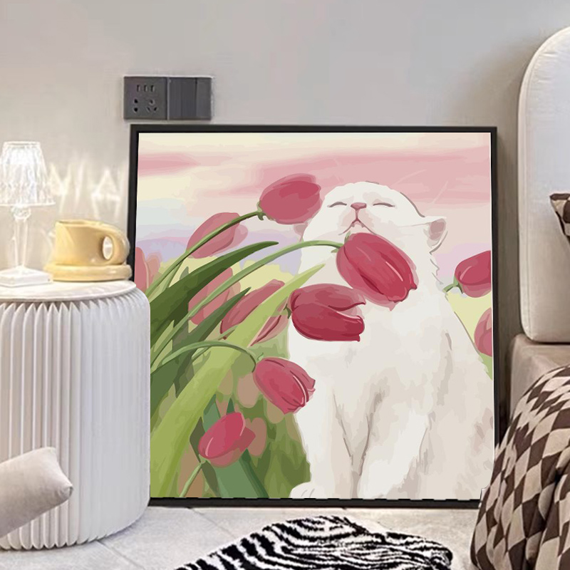 郁金香猫咪系数字油画pdiy手工填充色可爱手绘丙烯油彩装饰画