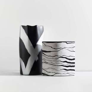 新中式水墨黑白手绘树脂花瓶花器玄关客厅插花样板间餐桌软装摆件