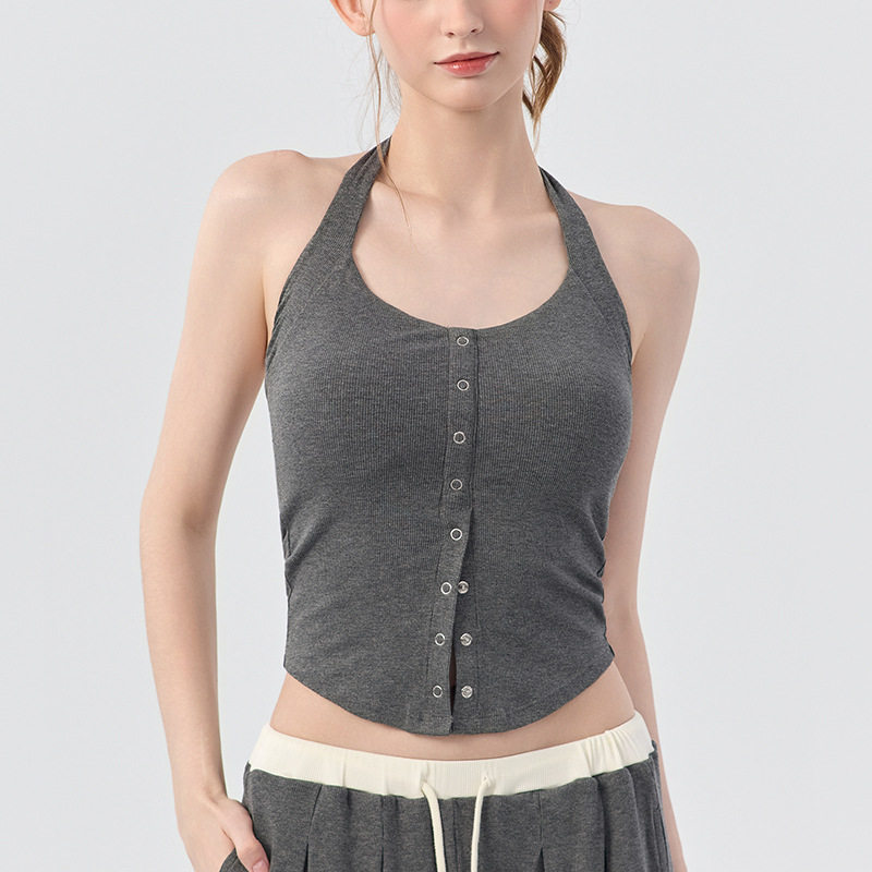 美式复古背心女新款修身性感挂脖带胸垫无袖上衣外穿健身运动内衣