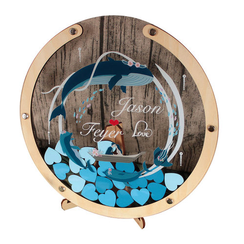 海洋风蓝色鲸鱼创意个性浪漫婚礼签到台木片签字签名板框簿本定制