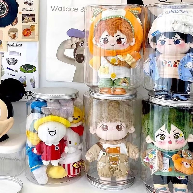 20cm棉花娃娃收纳盒透明罐防尘展示毛绒整理娃娃家用桌面高透娃圈