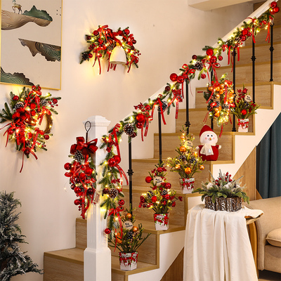 圣诞装饰花环藤条挂壁圣诞节装饰品红蝴蝶结花环圣诞装饰场景布置