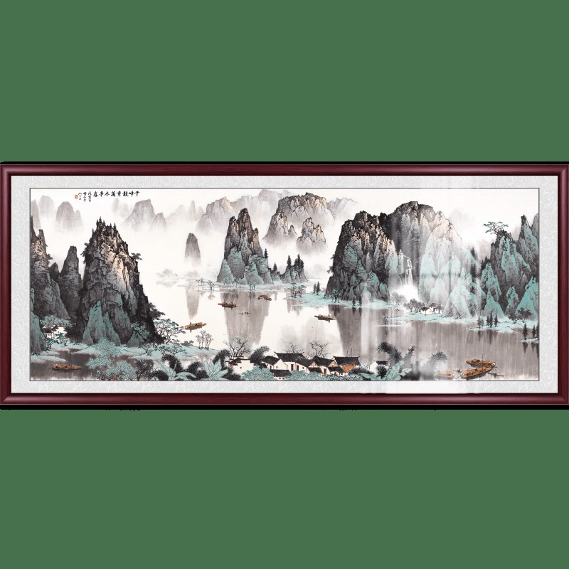 千峰竞秀国画山水画客厅装饰画办公E室挂画沙发背景墙实木横幅壁