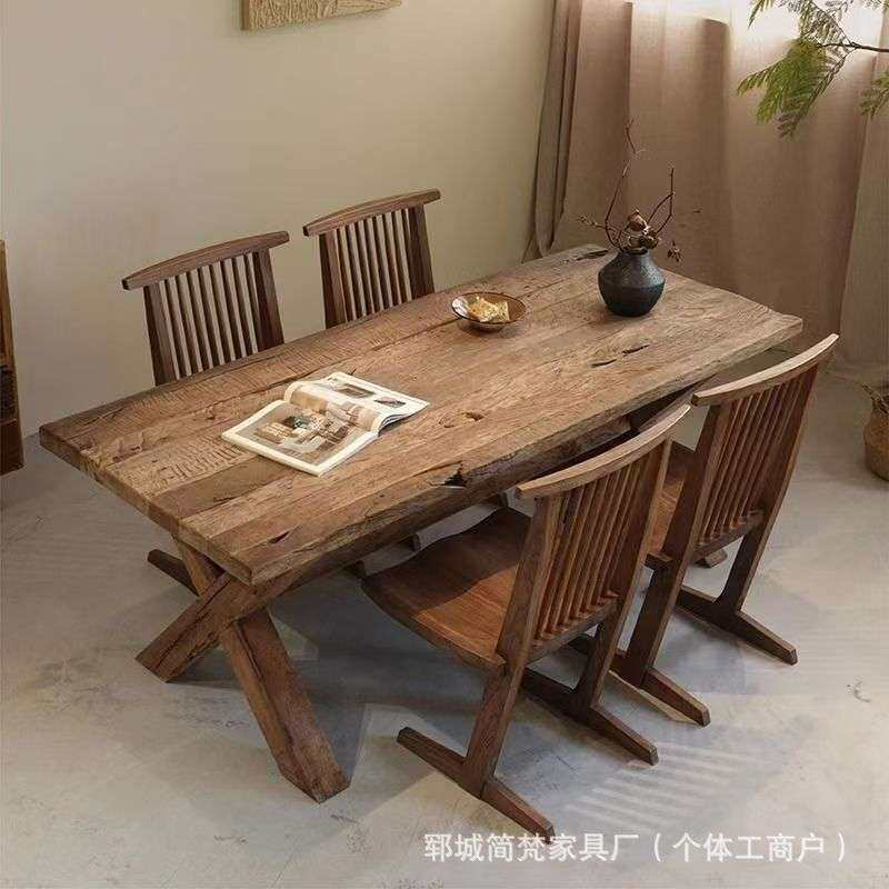 北方老榆木茶桌风化实木电脑餐桌靠背椅长方形书桌原木餐厅饭店桌