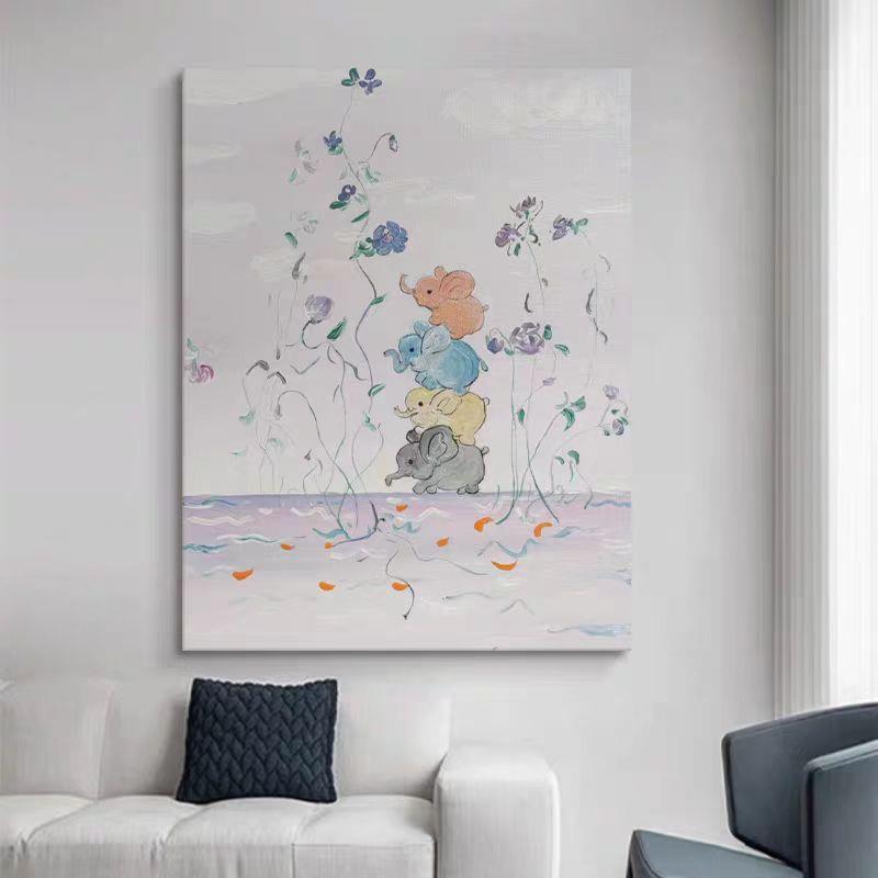 吉祥小象纯手绘油画奶油风立体肌理画玄关装饰画过道卧室挂画