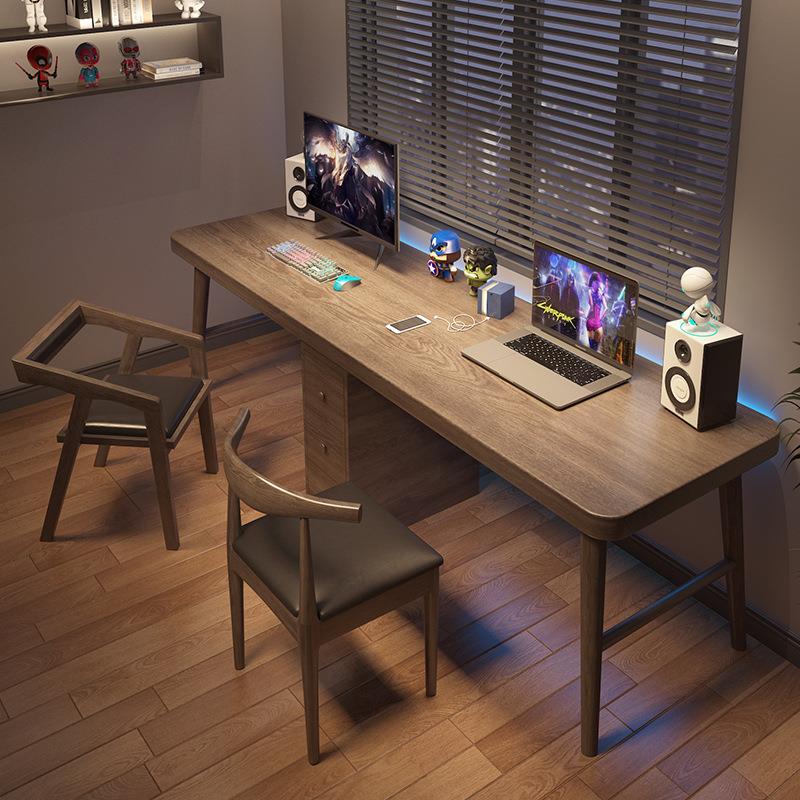 全实木双人电脑桌台式办公桌子家用轻奢学习工作台长条书桌写字台