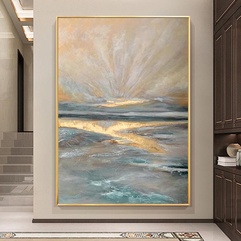 大芬村手绘油画金山富水玄关装饰画现代轻奢客厅背景墙大幅挂画