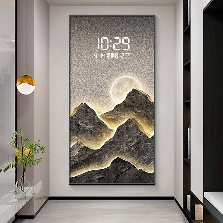 入户门玄关装饰画客厅走廊过道挂画轻奢竖版背靠金山数显钟表挂画