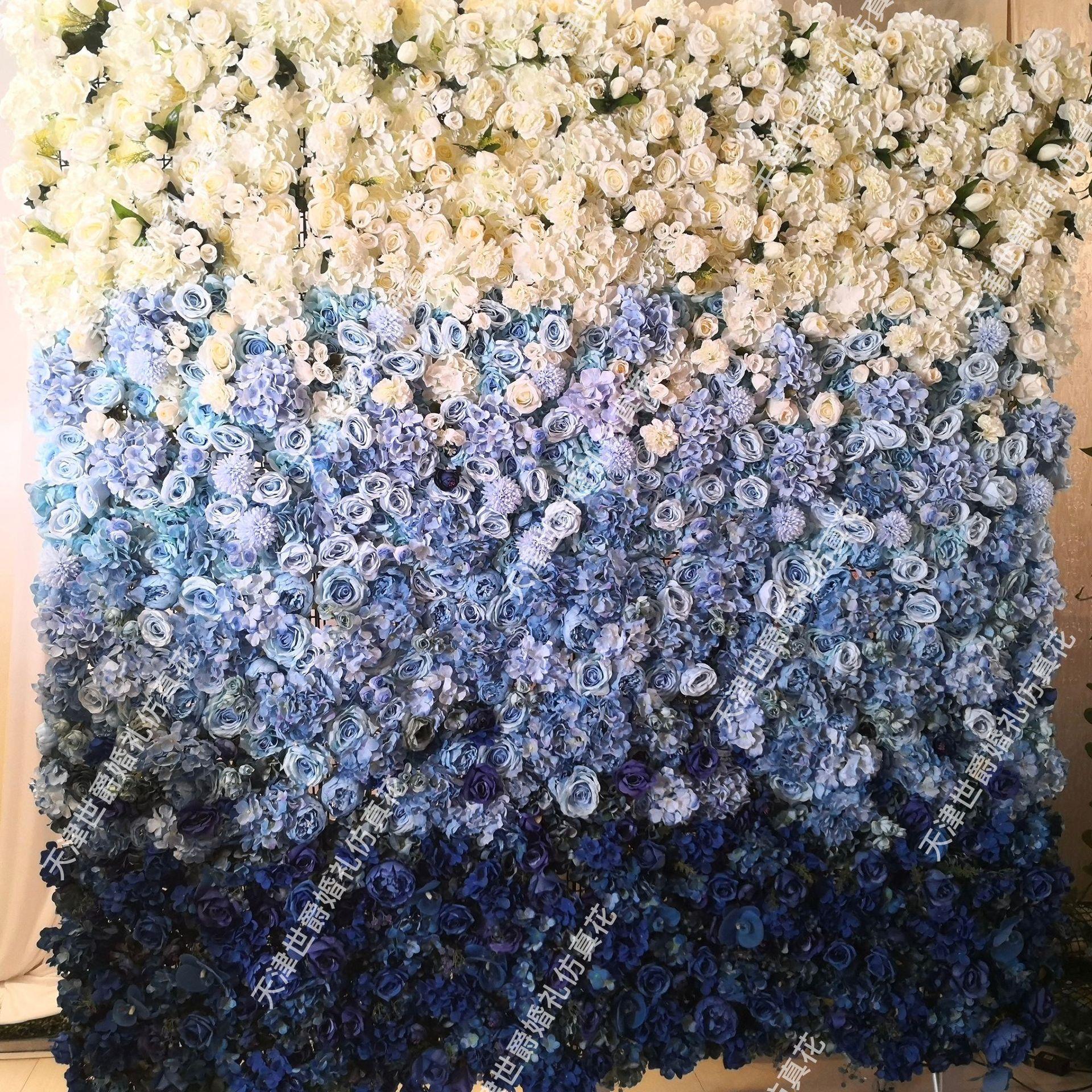 世爵新款婚庆造景插花仿真花墙迎宾装饰2.4*2.4m蓝色系渐变背景墙