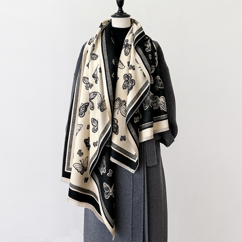 仿羊绒冬季新款流苏披肩仙女风蝴蝶百搭森系加厚保暖防寒围脖两用