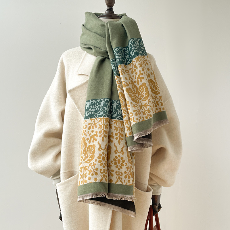 植物叶片简约双拼色时尚民族风女士仿羊绒保暖围巾秋冬款空调披肩