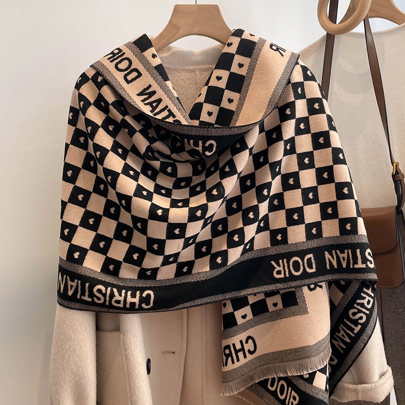 拼色H字母秋冬新款保暖围巾女仿羊绒双面加厚保暖围脖加长大披肩