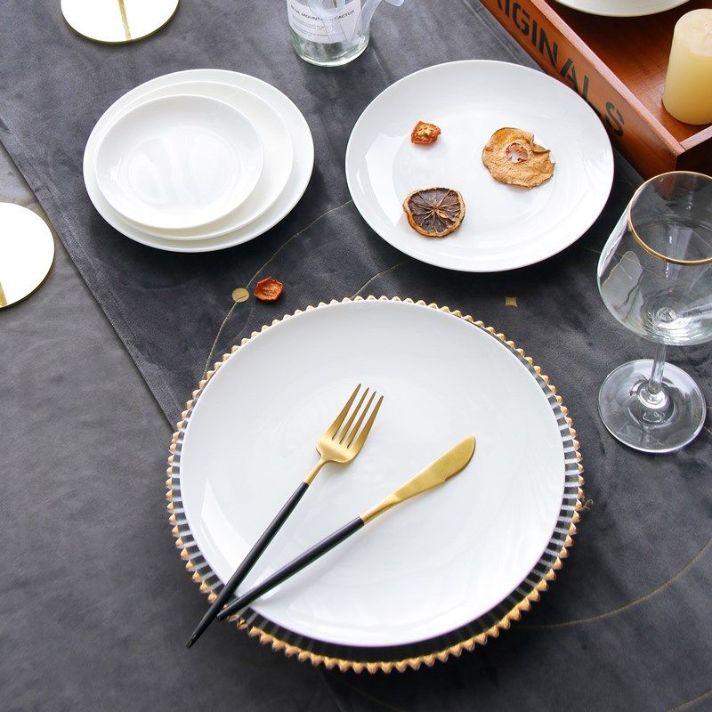 2个唐山骨瓷盘子平盘家用圆形月光盘点心碟西餐盘骨碟酒店陶瓷盘