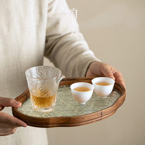 海棠花玻璃茶托盘复古竹制茶盘茶具简约家用茶室水果点心盘收纳盘