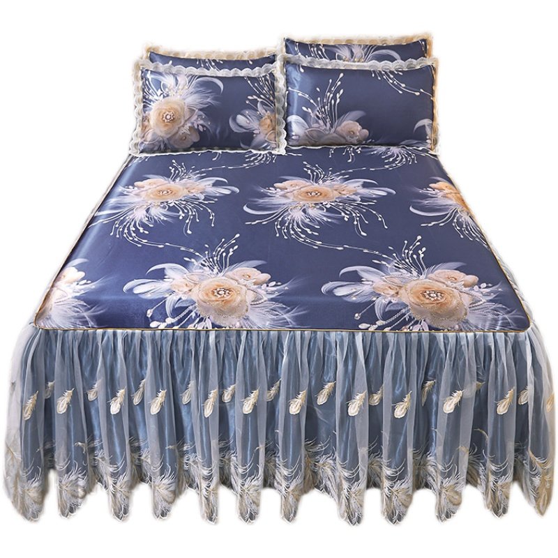 2022新款床单冰丝席凉席三件套夏天1.8m床裙软席子空调席折叠水洗