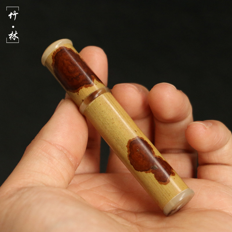 精品天然福建红湘妃竹牙签筒文玩便携式竹制牙签盒牛角封口竹把玩
