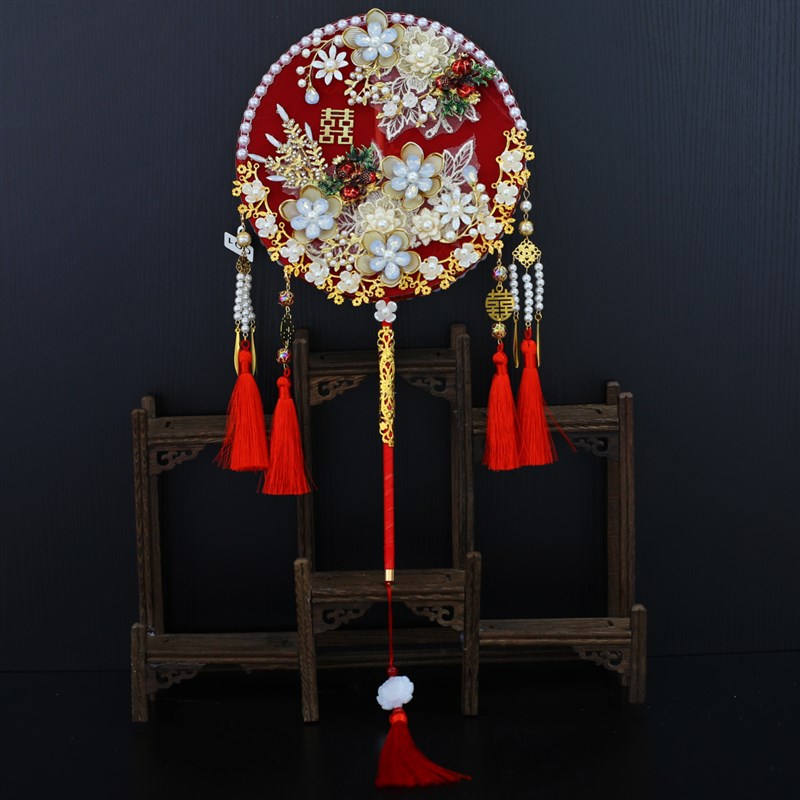 春夏红色蕾丝新娘结婚秀s禾团扇明制汉唐古风双面手工成品遮面扇