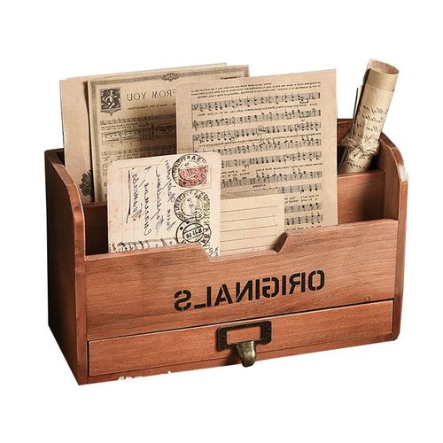 办公室桌面收纳盒带抽屉r票据文件储物盒卡片资料票据分格手提木