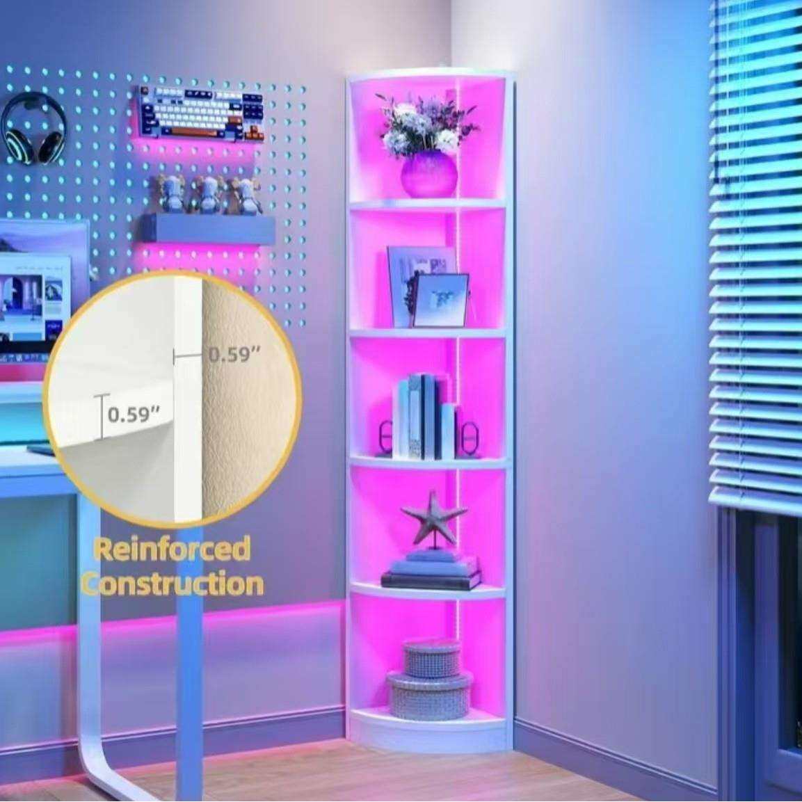 电商外贸高角架带LED灯，五层书架，现代角落展示架储物架