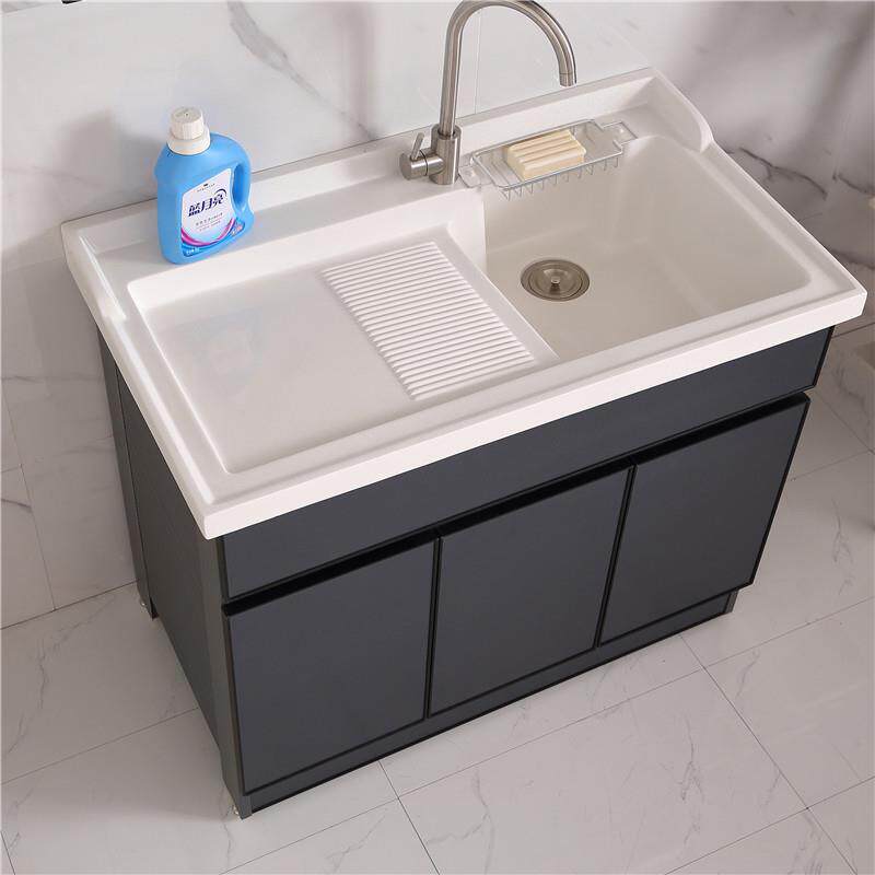 阳台太空铝洗衣池带搓板落地式洗衣台石英石双盆洗衣柜卫生间台面