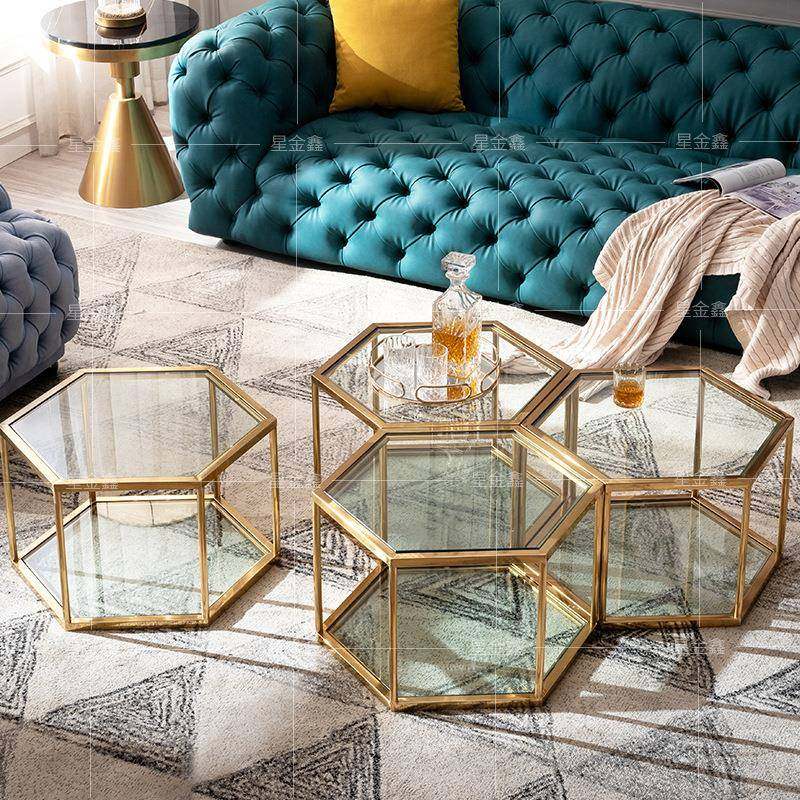 玻璃不锈钢六边形茶几小桌子阳台简易茶桌创意北欧风小户型