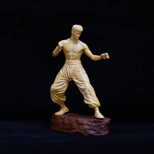 小叶黄杨武术人物实木工艺品手把件木雕家居车载装饰李小龙摆件