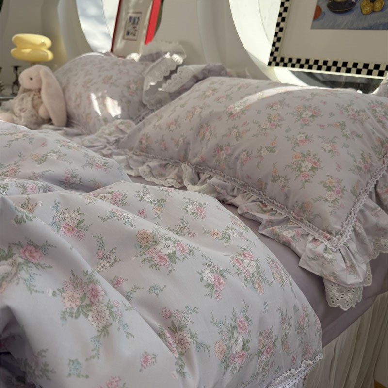 法式少女心蕾丝花边紫色小碎花床裙四件套1.5m1.8米被套床单