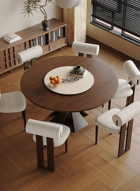 法式奶油复e古风实木德利丰岩板家用黑色窈窕饭桌胡桃色圆餐桌椅