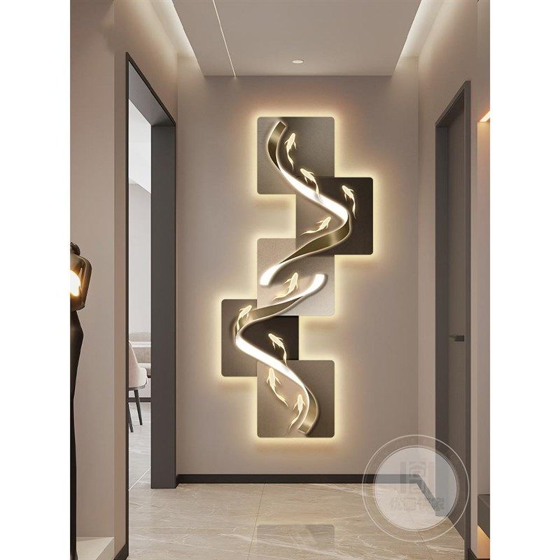 招财九鱼玄关装饰画现代轻奢带钟表走廊过道挂画高级感发光壁灯画