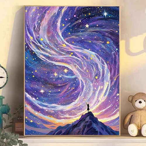 2024新款DIkY粘贴钻方钻满钻钻石画钻石绣浪漫紫色星空下山顶少女